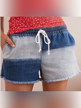 aerie Patchwork Blue Denim Drawstring Shorts